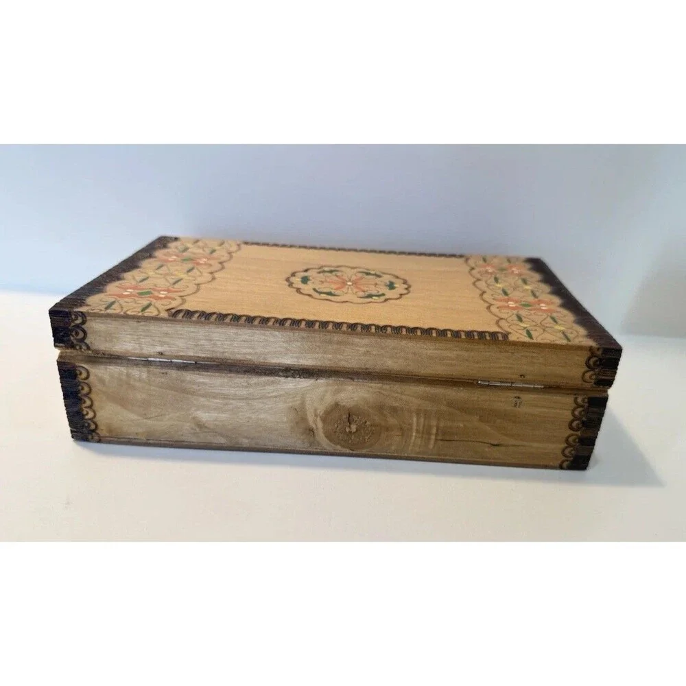 Vtg Painted Pyrography Hinged Wooden Jewelry Trinket Box Folk Art 9.5